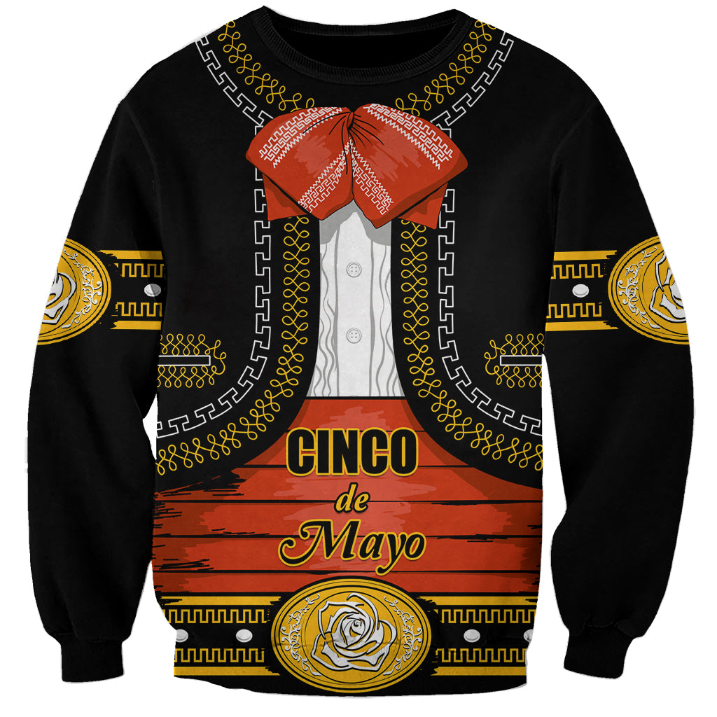 Black charro-style sweatshirt with bow, gold trim, and Cinco de Mayo print