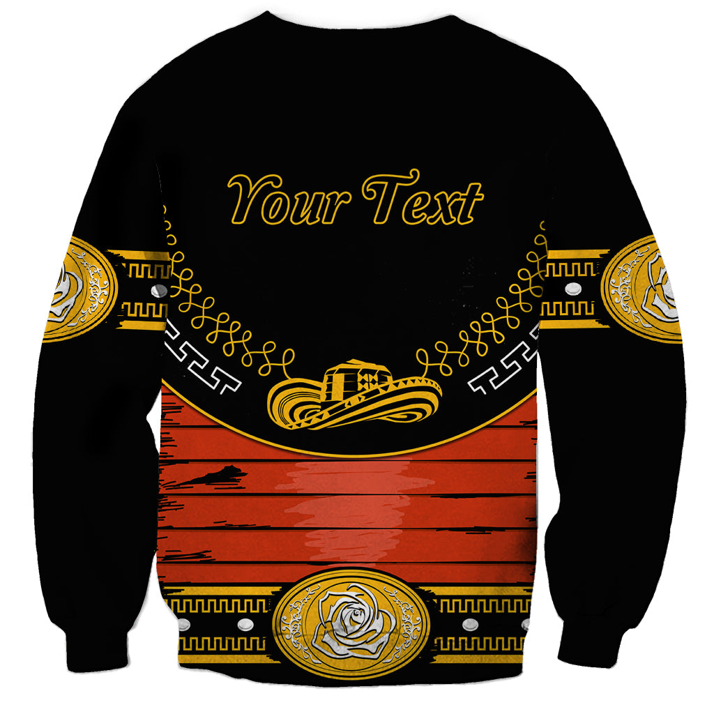 Black charro-style sweatshirt back with 'Your Text' and sunset striped graphic