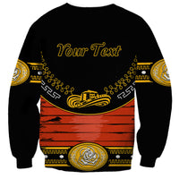 Black charro-style sweatshirt back with 'Your Text' and sunset striped graphic