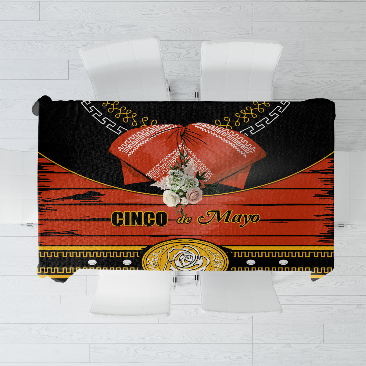 Black Cinco de Mayo tablecloth with red and gold border and center sombrero graphic