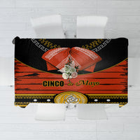 Black Cinco de Mayo tablecloth with red and gold border and center sombrero graphic