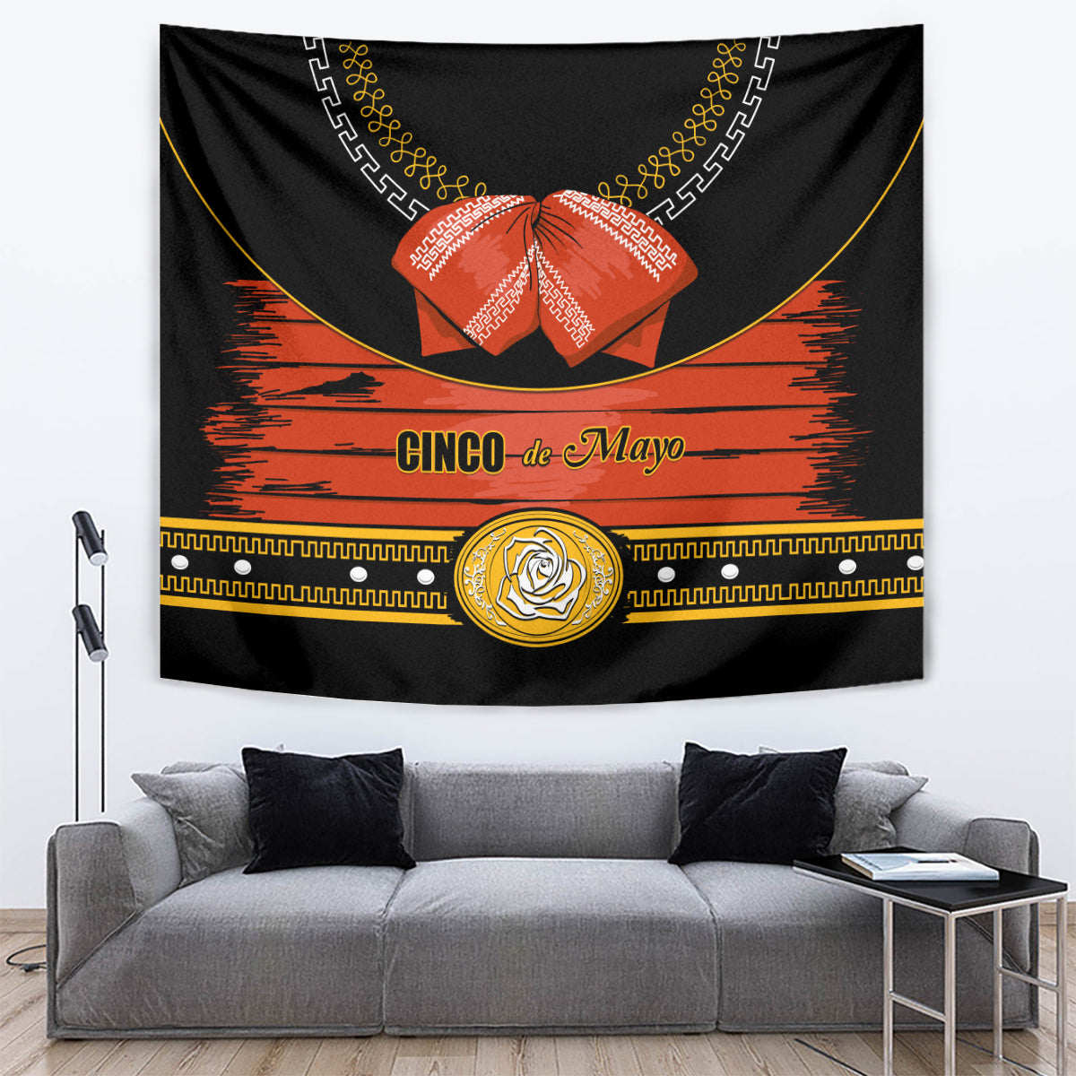 Black Cinco de Mayo tapestry with orange bow, gold trim, and decorative center badge