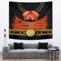 Black Cinco de Mayo tapestry with orange bow, gold trim, and decorative center badge