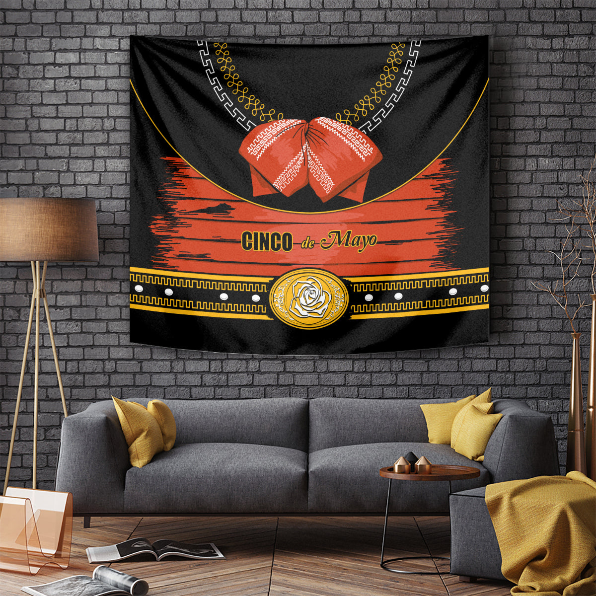 Black Cinco de Mayo tapestry with orange-red band, gold border, and central emblem