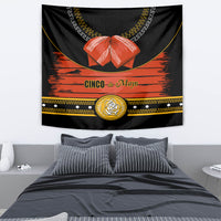 Black Cinco de Mayo tapestry with orange graphic, gold trim line, and emblem medallion