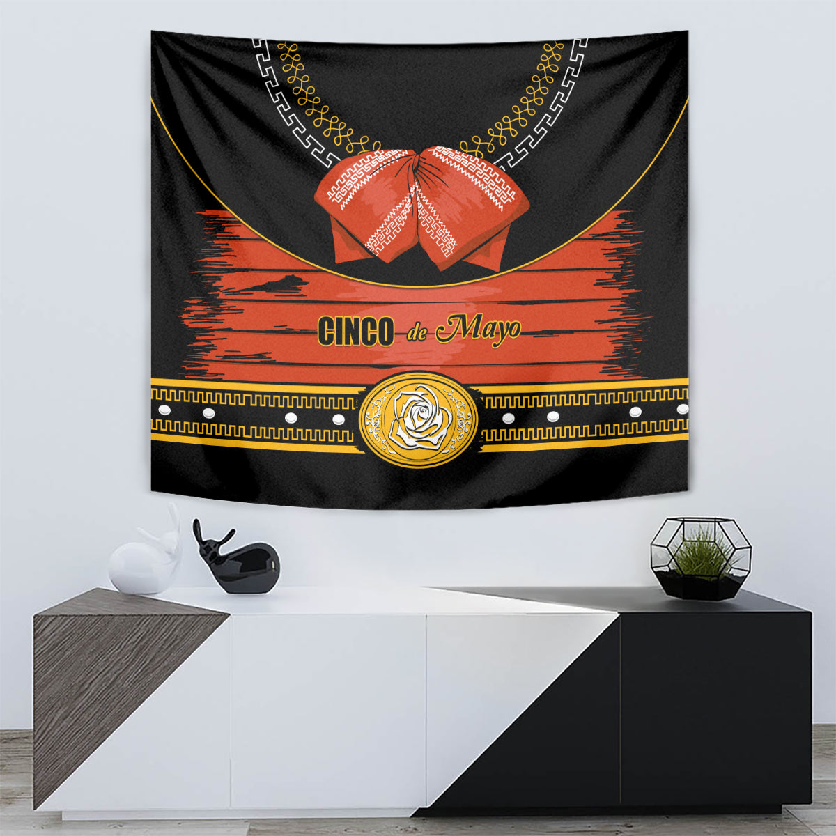 Black Cinco de Mayo tapestry with orange stripe, 'Cinco-de-Mayo' text, and gold emblem
