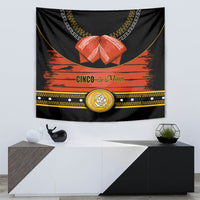 Black Cinco de Mayo tapestry with orange stripe, 'Cinco-de-Mayo' text, and gold emblem