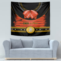 Black Cinco de Mayo tapestry with orange-red top bow, gold border, and central rose emblem
