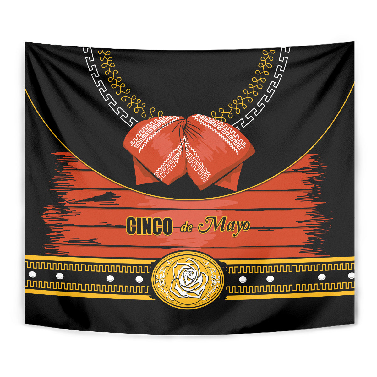 Black Cinco de Mayo tapestry with orange mountain design, gold trim, and central emblem