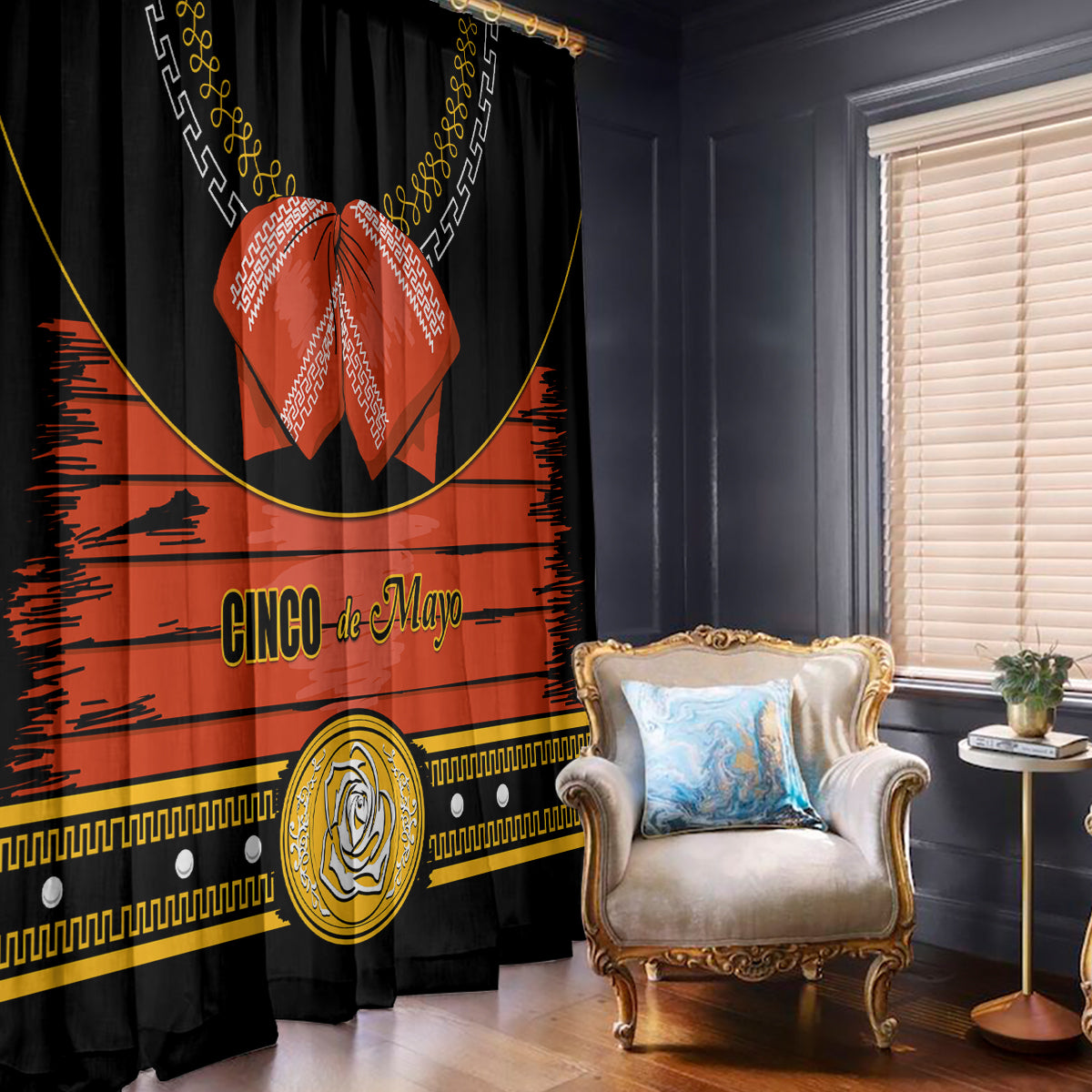 Black window curtain panel with red sombrero design, gold trim, and Cinco de Mayo lettering