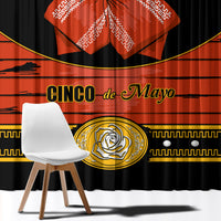 Black window curtain with large red sombrero print, gold accents, and Cinco de Mayo phrase