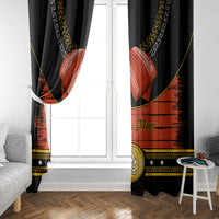 Black window curtains with red sombrero motif and gold trim framing a white door window