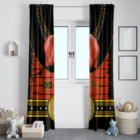 Black window curtain pair with red banded artwork, gold trim, and Cinco de Mayo text