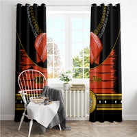 Black pair window curtains with red sombrero artwork, gold trim, and Cinco de Mayo phrase