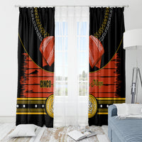 Black window curtains with red sombrero motif, gold border, and Cinco de Mayo lettering