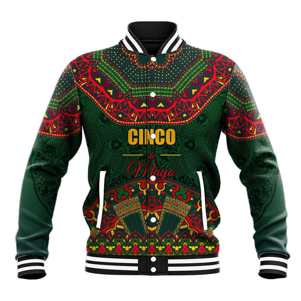 Green baseball jacket with red folk pattern, ribbed striped collar and cuffs, front graphic