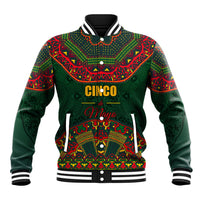 Green baseball jacket with red folk pattern, ribbed striped collar and cuffs, front graphic