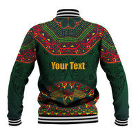 Green baseball jacket back view with red folk pattern, striped rib collar and hem, custom text