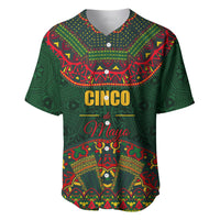 Men's green baseball jersey with folk pattern, 'Cinco de Mayo' text graphic