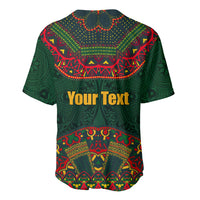 Men's green baseball jersey with folk pattern, 'Your Text' lettering on front