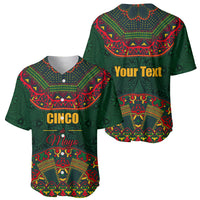 Green baseball jerseys, front and back views, folk pattern with 'Your Text'