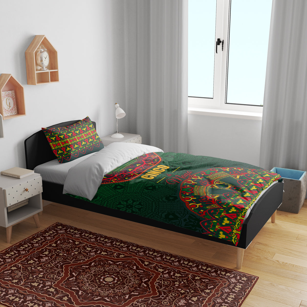 Green bedding set with colorful Mexican folk pattern comforter and matching pillowcases.