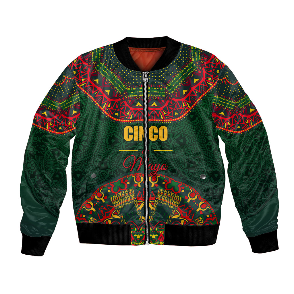 Unisex green bomber jacket, full-zip front, bold Mexican folk pattern with 'Cinco' text