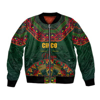 Unisex green bomber jacket, full-zip front, bold Mexican folk pattern with 'Cinco' text