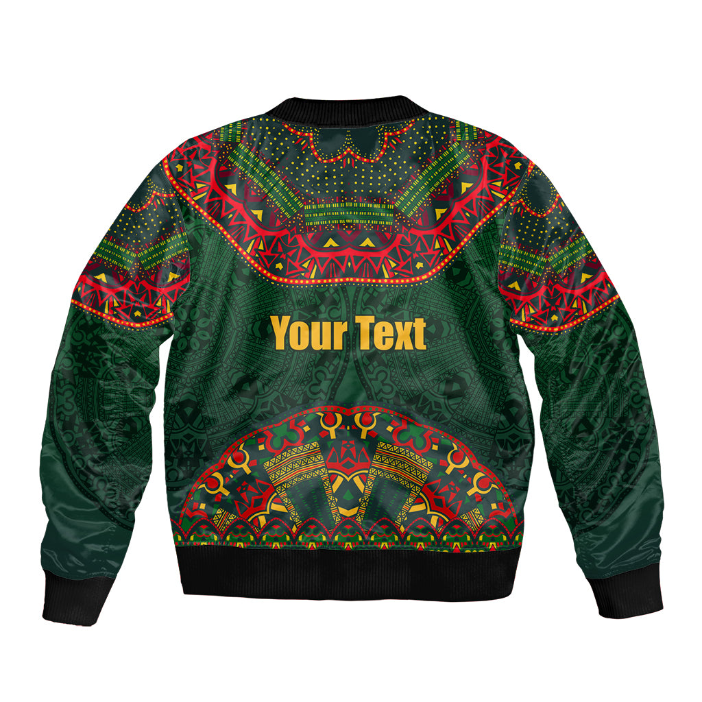 Unisex green bomber jacket, back view with Mexican folk pattern and 'Your Text' lettering