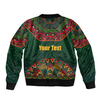 Unisex green bomber jacket, back view with Mexican folk pattern and 'Your Text' lettering