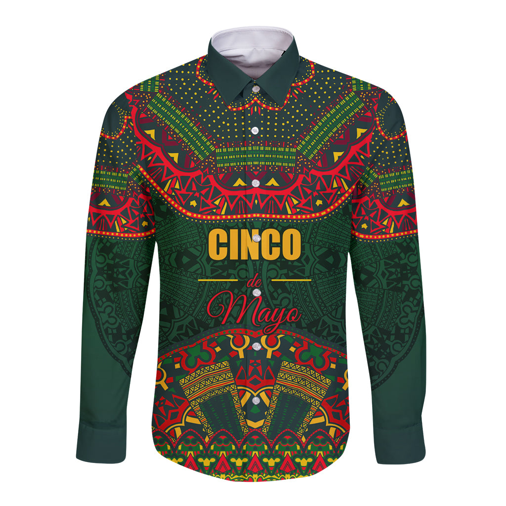 Unisex long-sleeve button shirt in green with colorful folk pattern and 'Cinco de Mayo' text