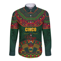 Unisex long-sleeve button shirt in green with colorful folk pattern and 'Cinco de Mayo' text