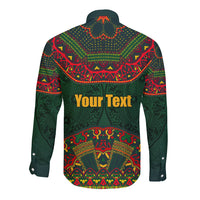 Unisex long-sleeve button shirt in green with folk pattern and 'Your Text' graphic on front