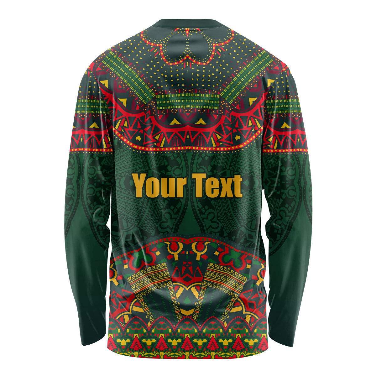 Green long-sleeve shirt with folk pattern and 'Your Text' on back