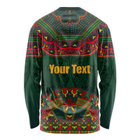 Green long-sleeve shirt with folk pattern and 'Your Text' on back