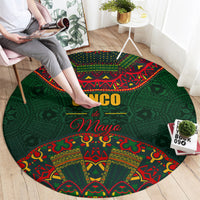 Green round carpet with central “Cinco de Mayo” text and multicolor folk motifs