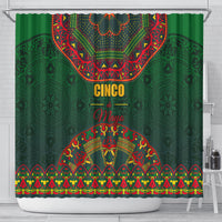 Green shower curtain with central CINCO de Mayo text and colorful folk border