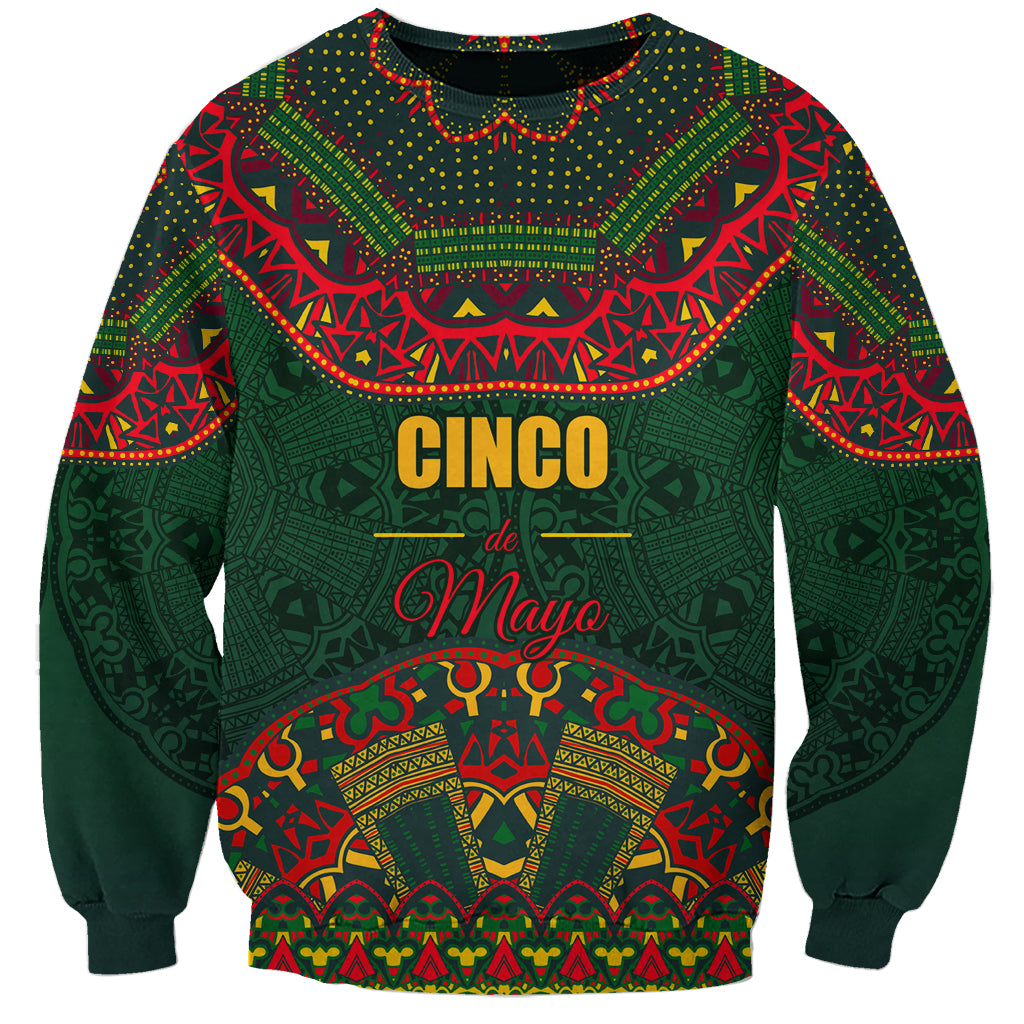 Green unisex sweatshirt with colorful Mexican folk pattern and 'Cinco de Mayo' text
