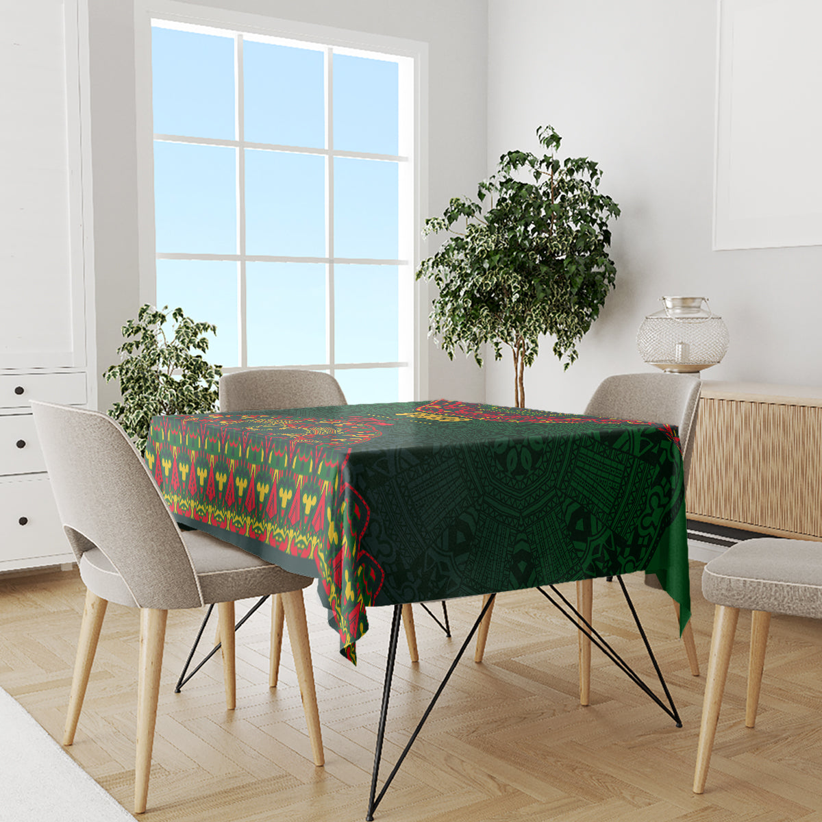 Green folk-pattern tablecloth with bright red, yellow, and green decorative bands