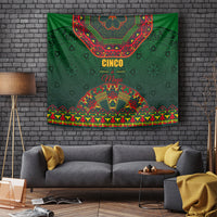Green Mexican folk tapestry wall hanging with Cinco May design and colorful border