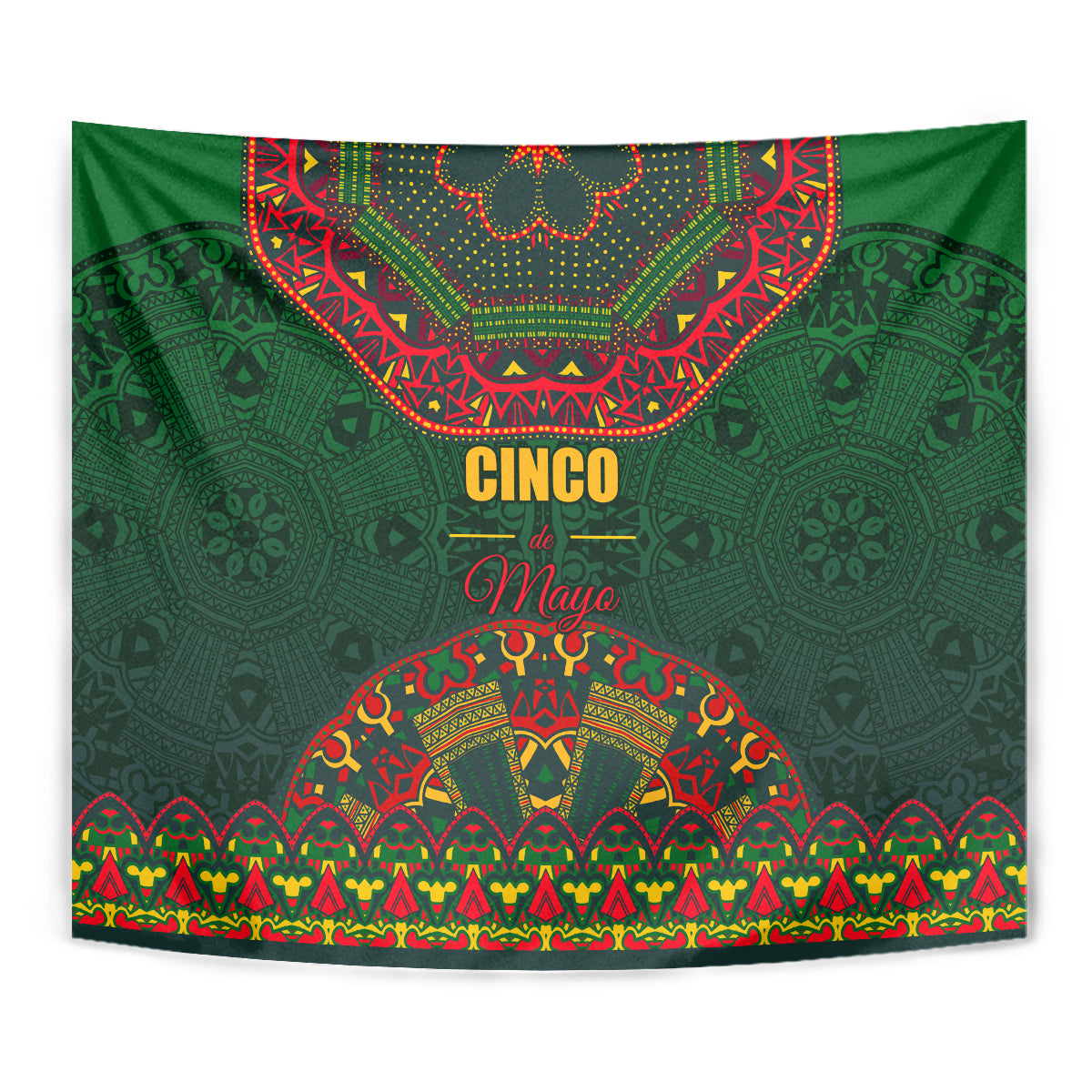 Green Mexican folk tapestry with Cinco May lettering and symmetrical arched motifs