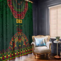 Green Mexican folk window curtains with Cinco de Mayo lettering and colorful arch motif