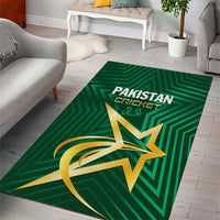 Green cricket area rug with gold star and 'PAKISTAN CRICKET' text in center