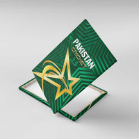 Green Pakistan cricket canvas wall art, angled view showing gold star and bat emblem