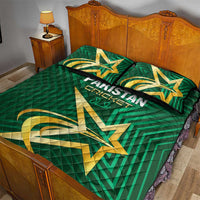 Green quilt bed set with gold Pakistan cricket star and lettering, with matching pillows