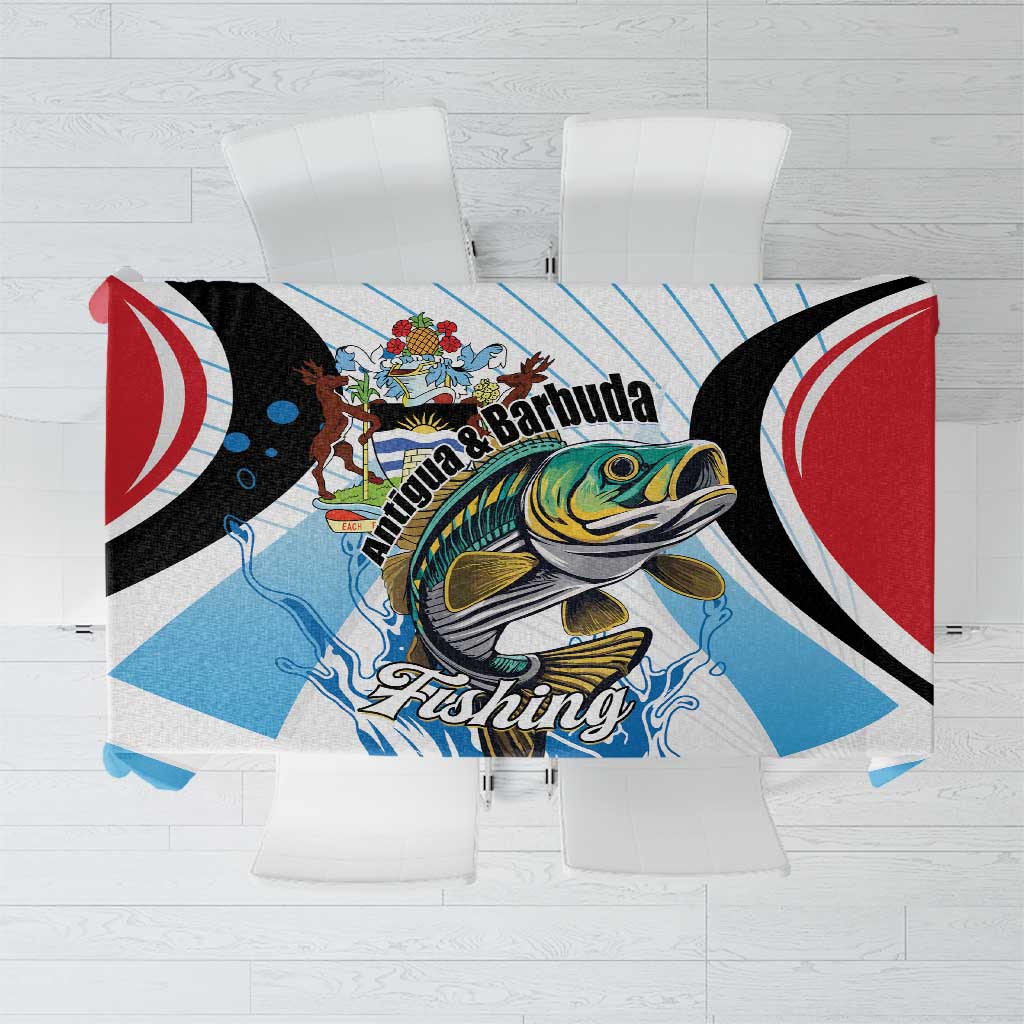 Fishing-themed tablecloth with blue, red, black and white graphics on a light background