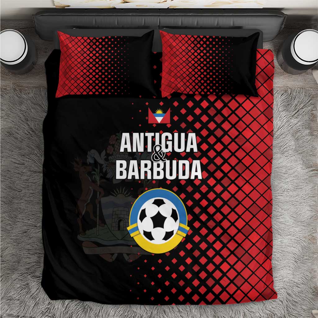 Football bedding set: red/black grid with Antigua & Barbuda text, soccer emblem, 2 pillowcases