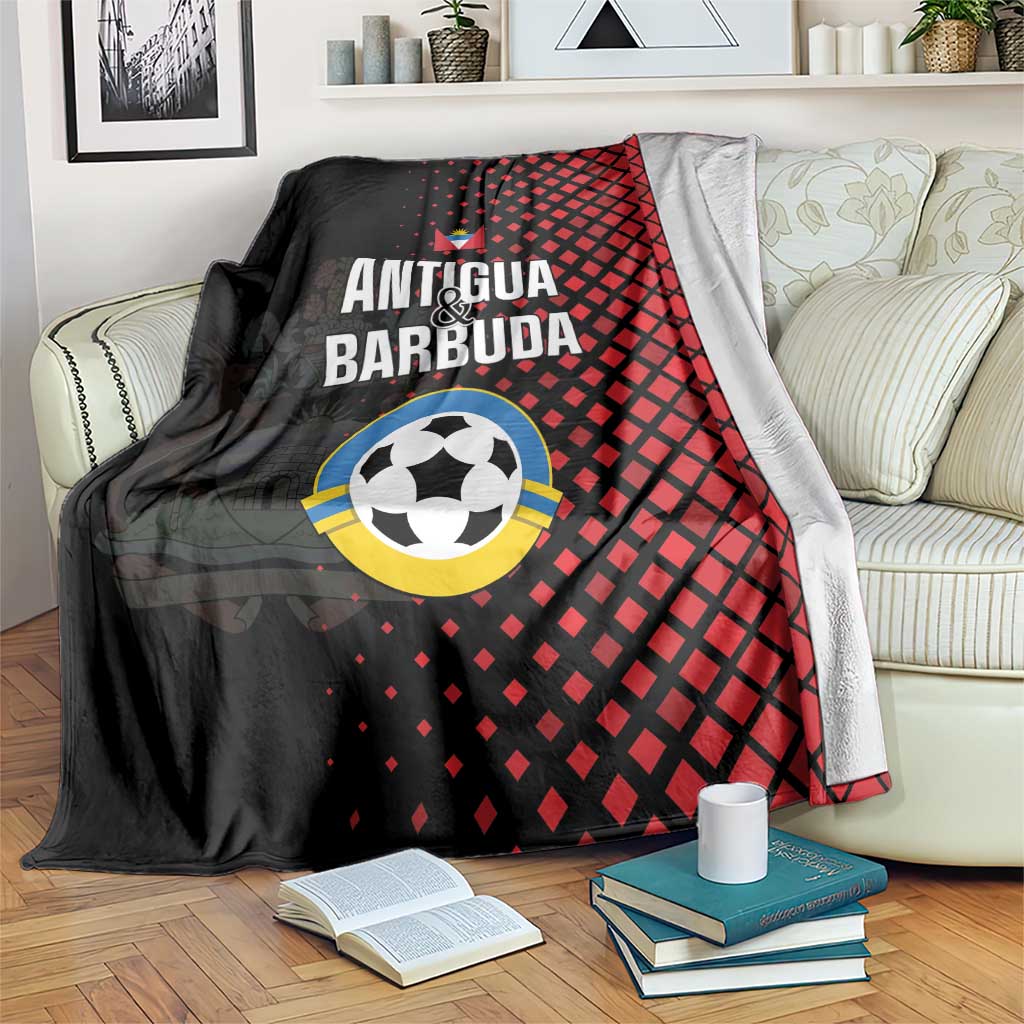 Football blanket: black and red grid design with Antigua and Barbuda text and soccer ball