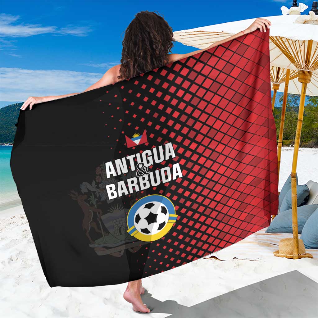 Red and black football-themed sarong with Antigua Barbuda text and soccer ball print