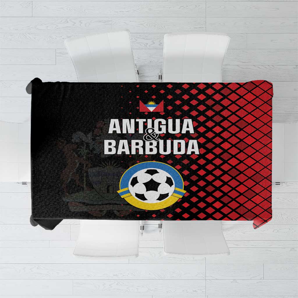 Red and black football logo tablecloth with Antigua and Barbuda crest and grid pattern